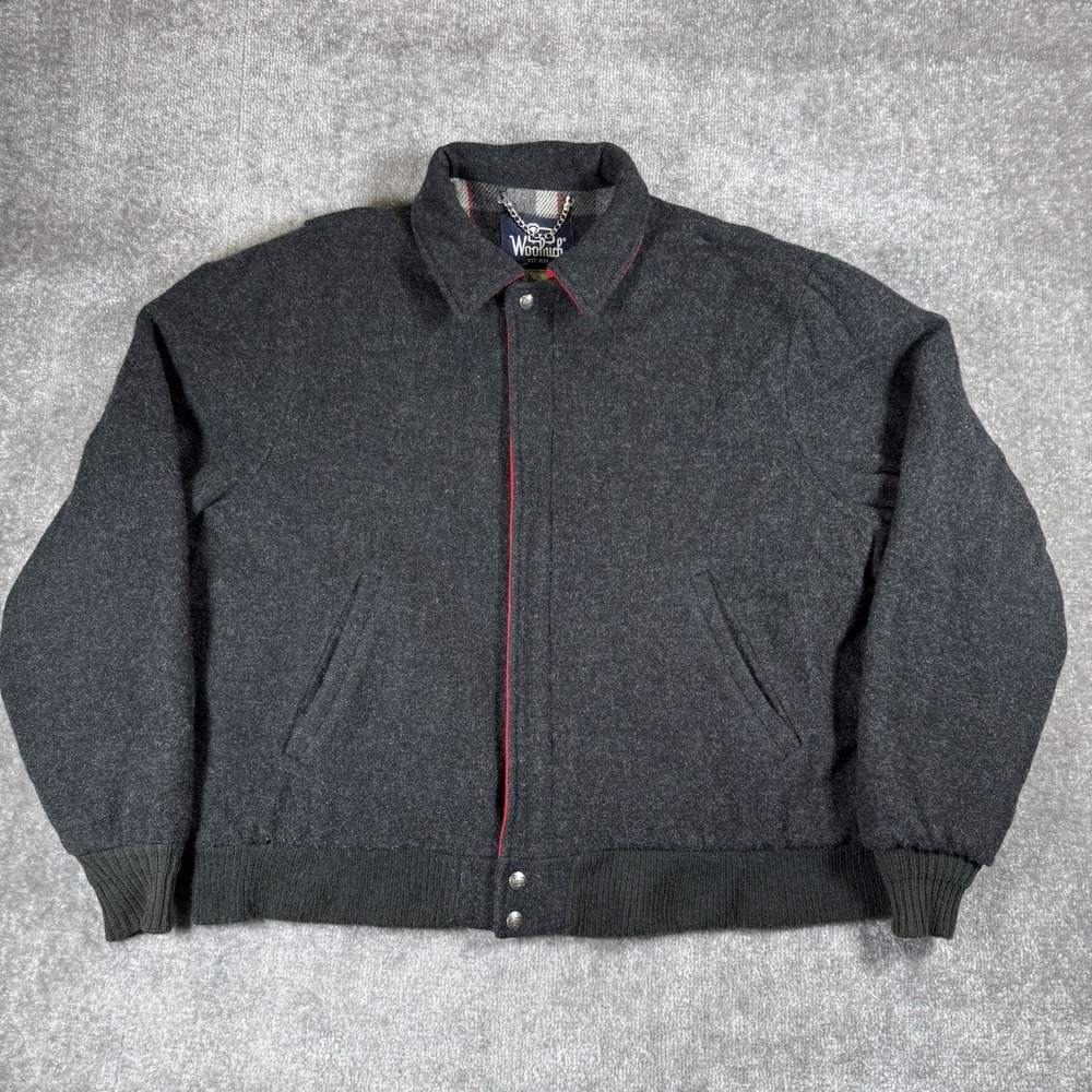 Vintage Woolrich Jacket Mens XL Gray Red Trim Plaid Lined Heavyweight Wool 80s